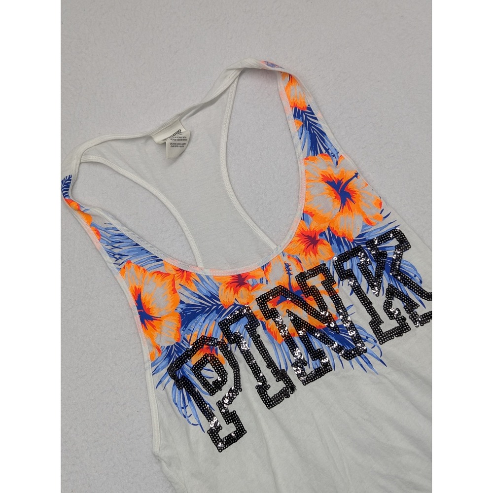Victorias Secret PINK Womens Medium White Tropical Floral Sequin Racerback Tank
